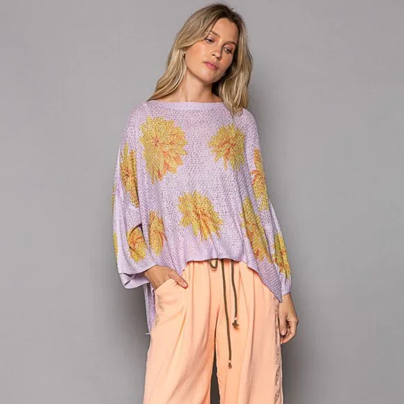 POL LILAC Round Neck Flower Print Solid Light Weight Sweater Top - Picture 1 of 5